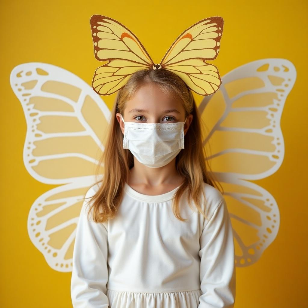 A young girl poses in a white and yellow moth themed costume. She wears a mask to symbolize health awareness during current times. The backdrop is a bright yellow, enhancing the butterfly wings that frame her. Her look is completed with a large butterfly headband. The scene is cheerful and colorful, ideal for family-oriented content.