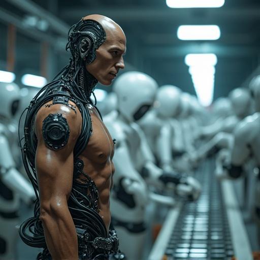 Photorealistic science fiction scene set in an industrial facility. A male cyborg figure stands on an assembly line. The cyborg has exposed mechanical internals. Environment includes fluorescent lighting and robotic arms. Conveyor belt system with humanoid robots in the background. Cool color palette and cinematic composition.