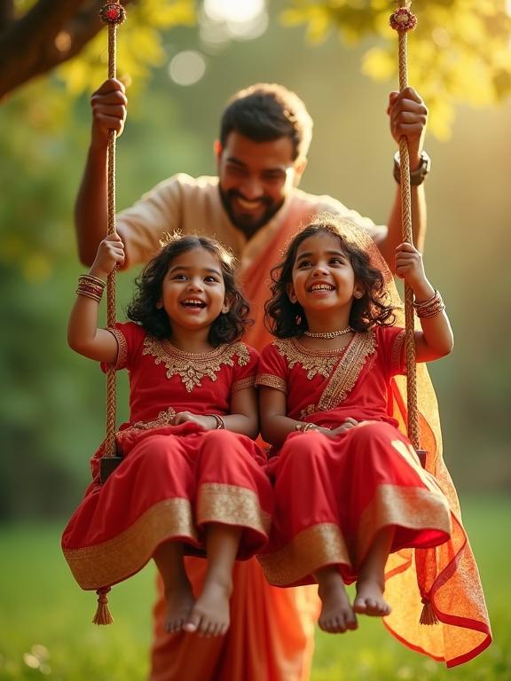Ultra-realistic high resolution scene of two joyful children on a swing made of vibrant red bridal saree. Father gently pushes the swing. All share happiness in lush green garden. Golden sunlight bathes the scene. Children's laughter and father's caring expression create heartwarming mood.