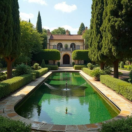Beautiful gardens of Villa Cimbrone. Lush greenery with manicured hedges. Tranquil water feature reflecting the surroundings. Elegant architecture in the background. Picturesque view under a clear sky.