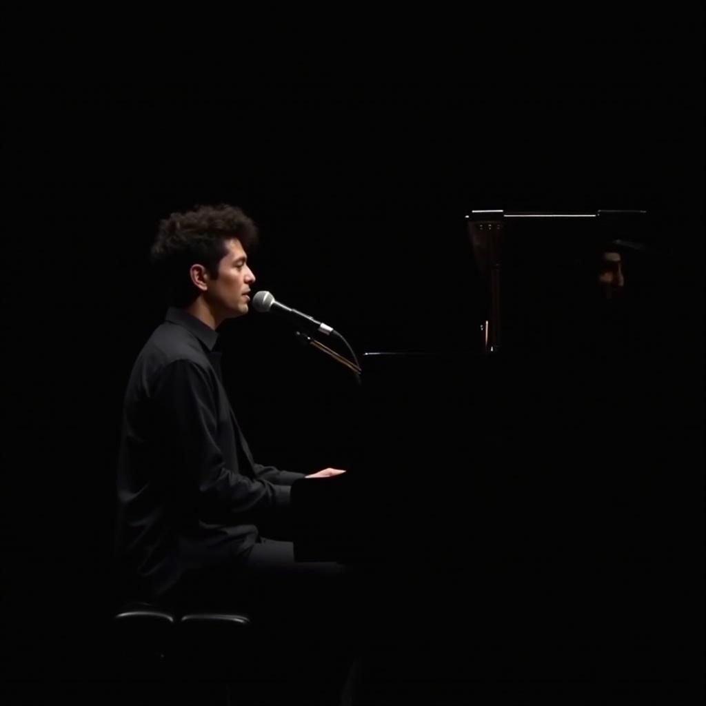 A person playing the piano and singing. Person is not visible. Black background adds mystery and elegance.