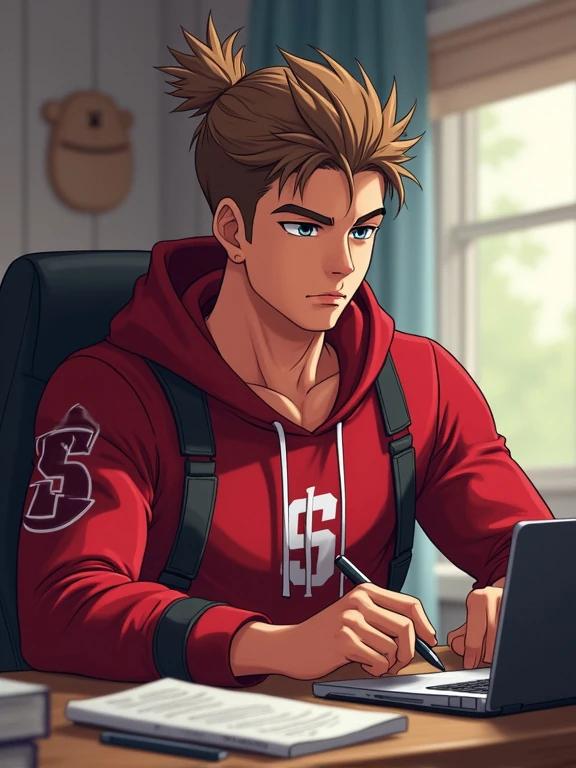 Anime depiction of a young man sitting at a desk. He has spiky hair in a ponytail. Modern dorm room setting. Wearing a Stanford University hoodie. Studying diligently with a laptop. There is a Samsung Galaxy phone on the desk. Afternoon light filters through a window.