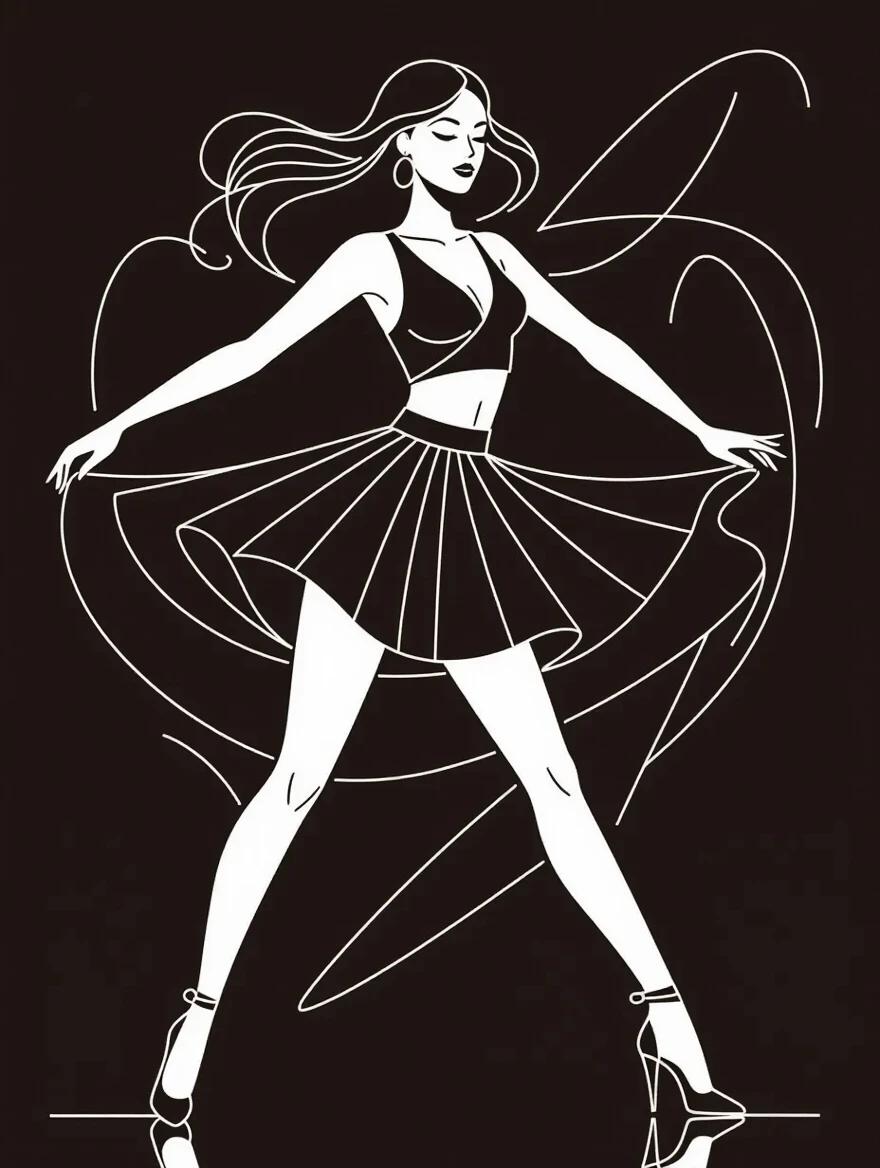 Dancing girl in a short disco skirt and fitted top. Minimalistic style with white lines on black background. Skirt flows to suggest movement. Pose shows energy and elegance. Abstract design with no excessive details.
