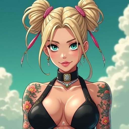 Anime character, futuristic popstar woman, 36 years old, light blonde French bun, emerald green eyes, wearing sexy edgy outfit, traditional tattoos, dancing with backup dancers, modern pop music video.