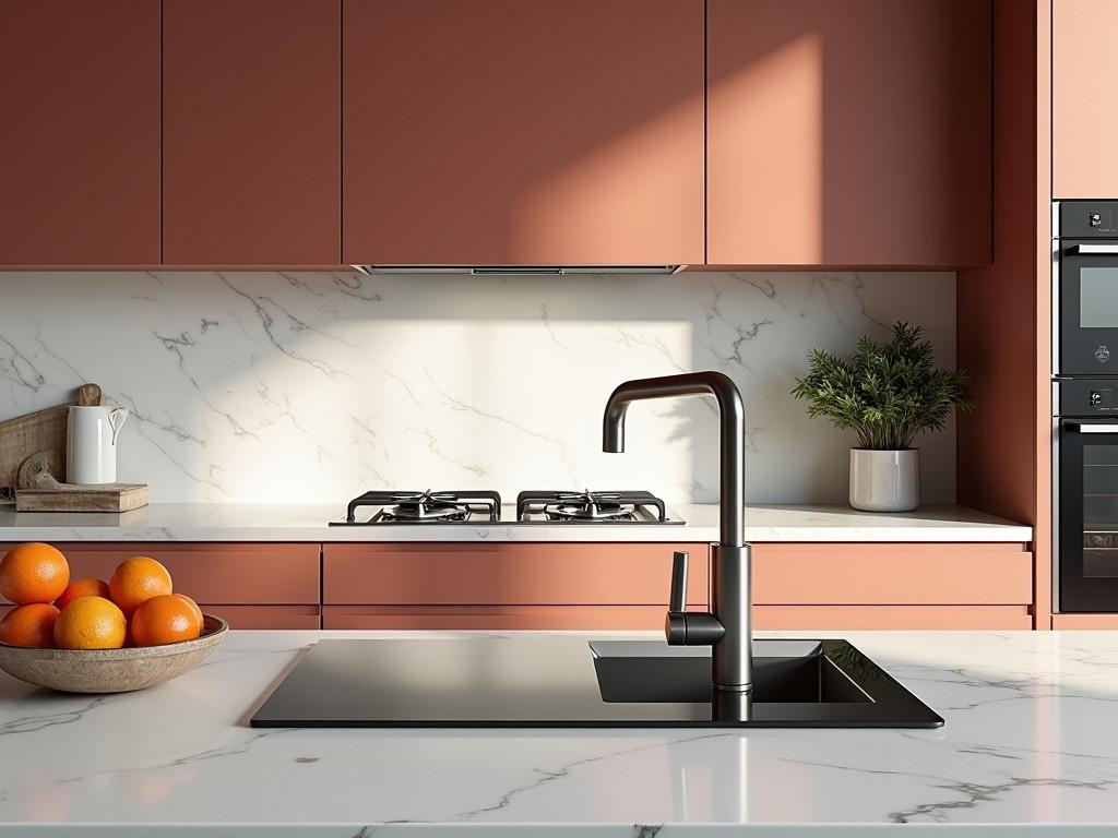 This is an elegant kitchen with a full view of the space. The cabinets above and below the counter are a beautiful shade of rusty red, adding warmth to the area. The countertop features a sleek white marble finish, with a modern kitchen hob integrated directly into the counter. A stylish kitchen faucet is positioned next to the hob, making it convenient for cooking and preparation. There are built-in ovens to the side, enhancing the modern aesthetic. A bowl of vibrant oranges and a small plant add a touch of life to the space. The lighting is soft, highlighting the marble texture and creating a welcoming atmosphere.