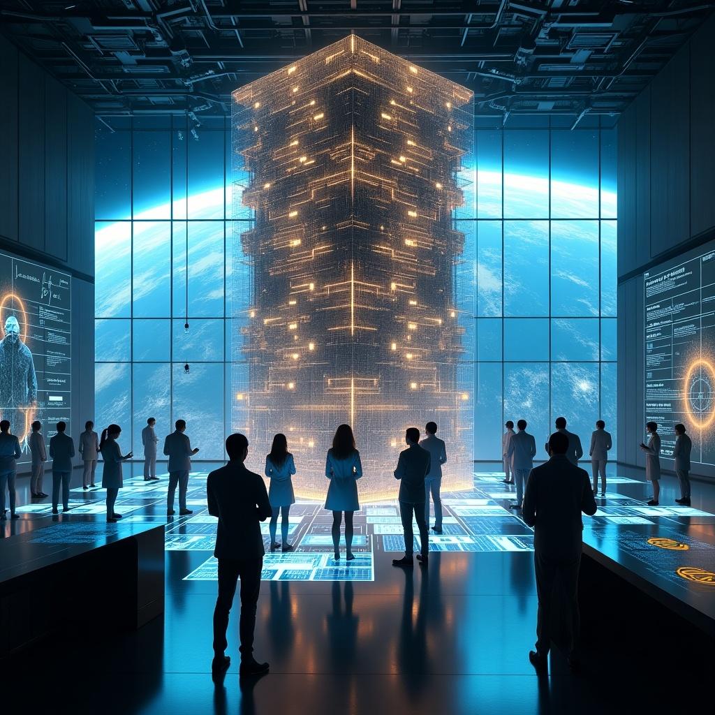 Futuristic research lab with a massive quantum computer at the center. Quantum computer is a towering structure with shimmering circuits and glowing qubits. Researchers in high-tech attire work on holographic displays. Background shows a view of Earth from orbit. Scene symbolizes innovation and the potential of quantum technology.