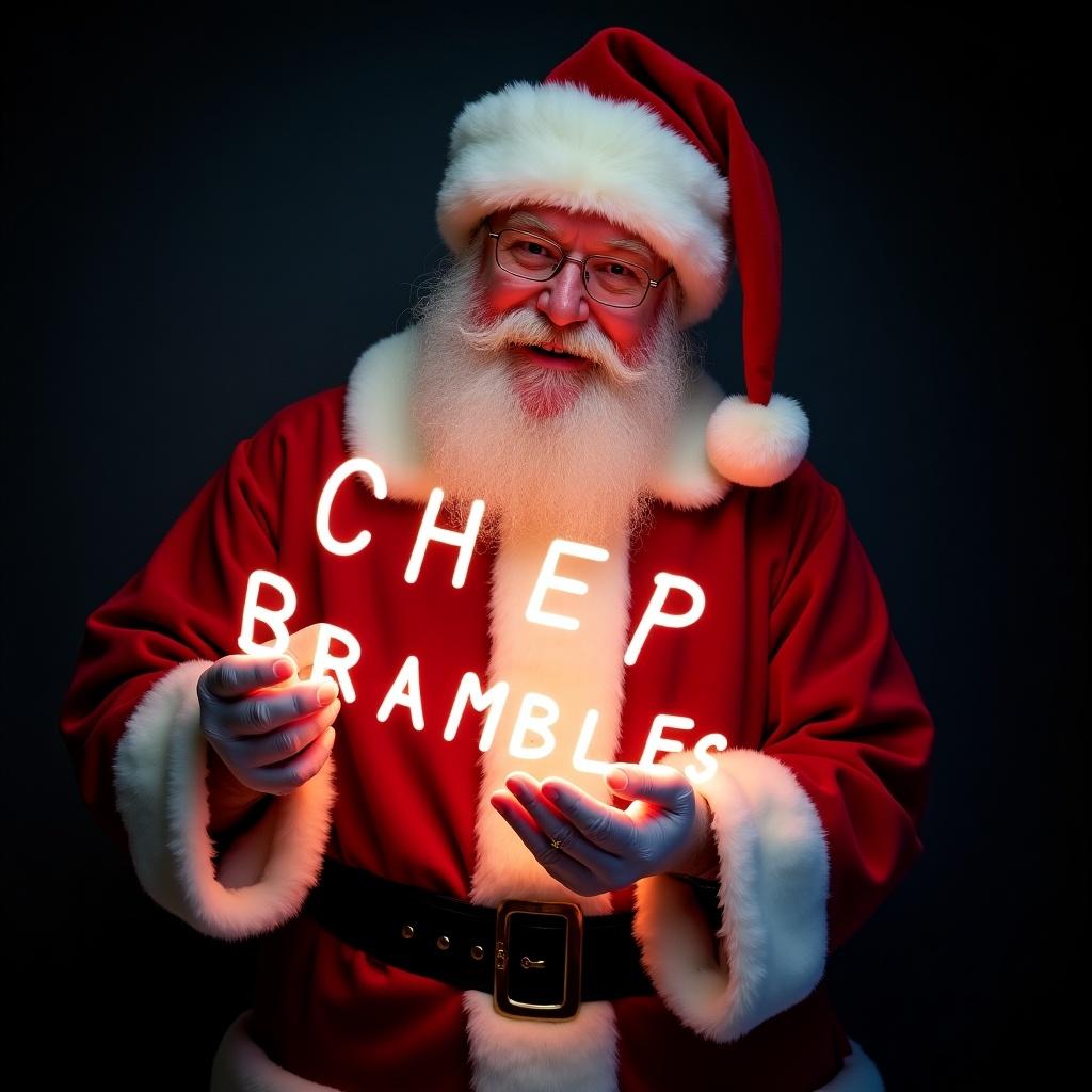 Santa Claus wearing a red and white suit holds a glow stick with CHEP BRAMBLES illuminated. Background is dark to enhance the glow. Scene evokes holiday magic and joy.