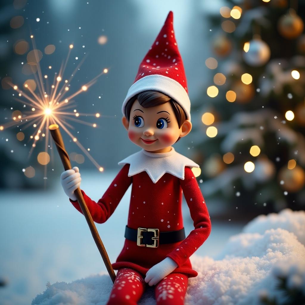 Magical Christmas Elf on the Shelf holding a wand. Scene includes snow and Christmas tree. Elf is named Brindley family. Winter wonderland background.