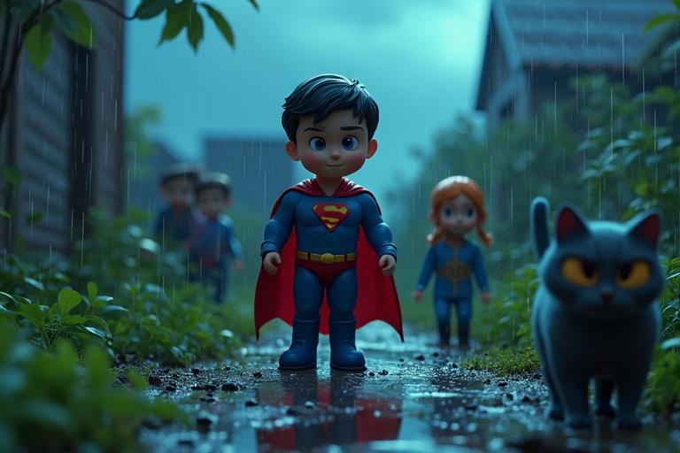 3D animated scene depicts a superhero figure with red cape and blue suit walking through a rainy garden. Other animated characters are present. A cat observes nearby. Rain glistens on the ground and mud splashes as they walk. Characters display determination against a dark and stormy backdrop.