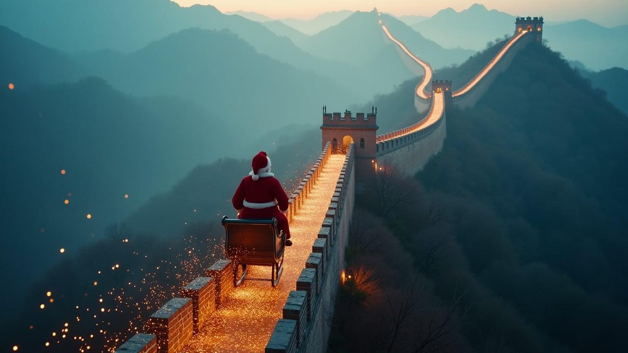 Aerial shot featuring Santa Claus on a sleigh flying towards the camera. Sleigh leaves sparkles over The Great Wall of China. Ultra-realistic depiction with twilight ambiance.