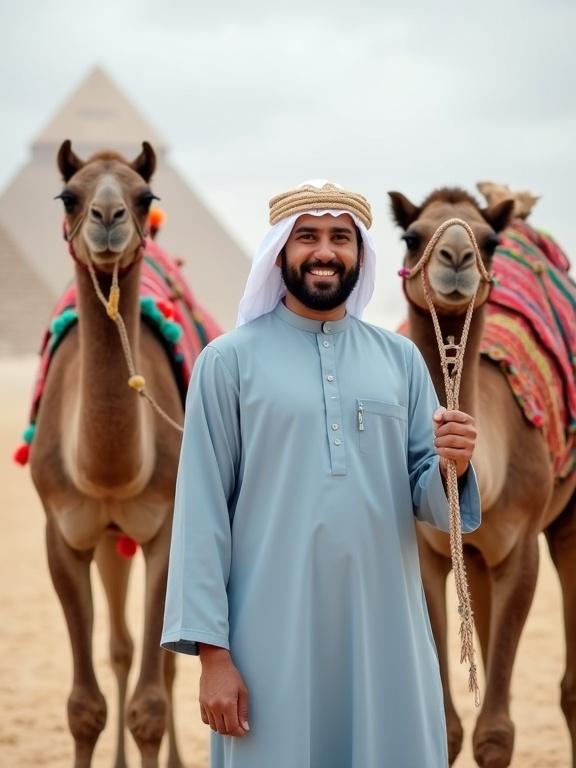 Photo features a smiling Arab man wearing a light blue thobe and white keffiyeh. He holds reins of two camels with colorful decorations. The background displays pyramids under a cloudy sky. The setting is a sandy desert landscape. The image captures a warm and welcoming atmosphere with vibrant colors and traditional attire.