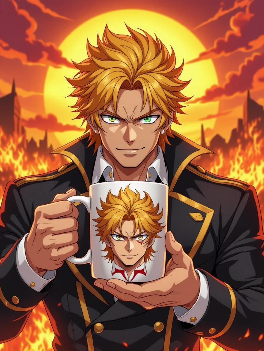 Character from anime holding white mug with own face print. Background is fiery battlefield with blazing sun. Intense look and dramatic atmosphere. Portrait format.