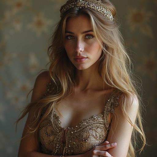 Model wearing a golden embellished outfit with flowing hair. Soft natural lighting creates an elegant atmosphere with focus on beauty features.