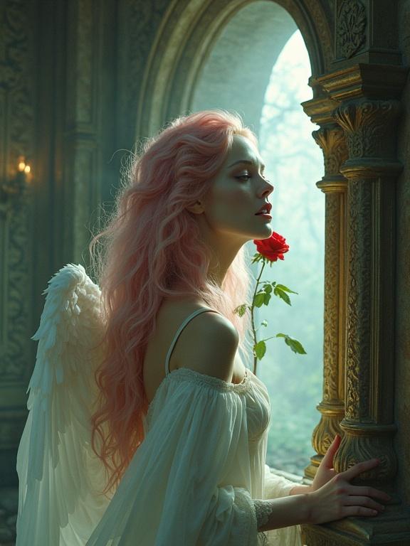 Elegant woman with pink hair and long white wings holding a red rose. Background of a Scottish castle with bright windows and ornate carvings. Ethereal lighting and deep colors. Side profile view, serene expression.