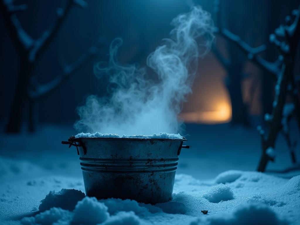 The scene is set in a dimly lit, snowy environment at night, highlighted by a blue hue that creates a cold, eerie atmosphere. A weathered, metal bucket sits prominently in the foreground, its surface partially covered in snow, while faint wisps of steam rise from inside, suggesting warmth or life. In the background, the silhouettes of gnarled tree branches add to the haunting vibe, while a distant, warm golden light glows from beyond, providing contrast to the otherwise chill of the setting.