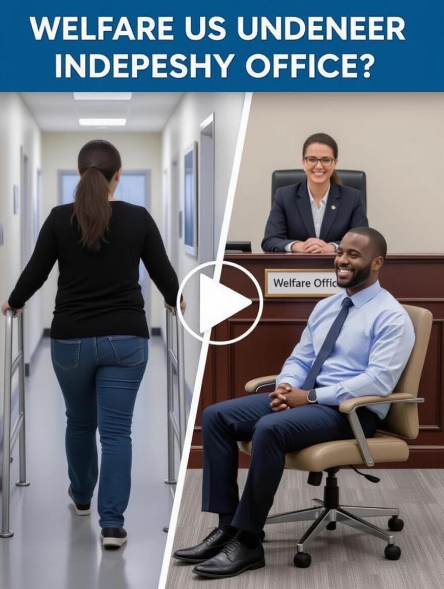 Show a split image featuring a person walking independently receiving help. Show another person seated in a welfare office with a bureaucrat behind a desk. Focus on the contrast between independence and bureaucracy.