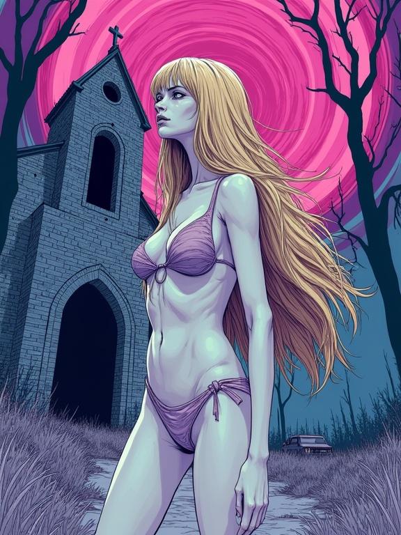 A limited-palette image featuring a young woman in a bikini with lengthy blonde hair. She stands in front of a ruined church. There is a background of twisted trees and a vortex. The atmosphere is disturbing and grotesque. The style resembles Junji Ito's pencils and Hirohiko Araki's inks.