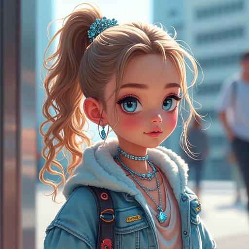 Anime character in futuristic setting. Character has light brown curly ponytail and silver eyes. Wearing stylish popstar streetwear and luxury jewelry. Spring noon in Gucci store in Ginza.