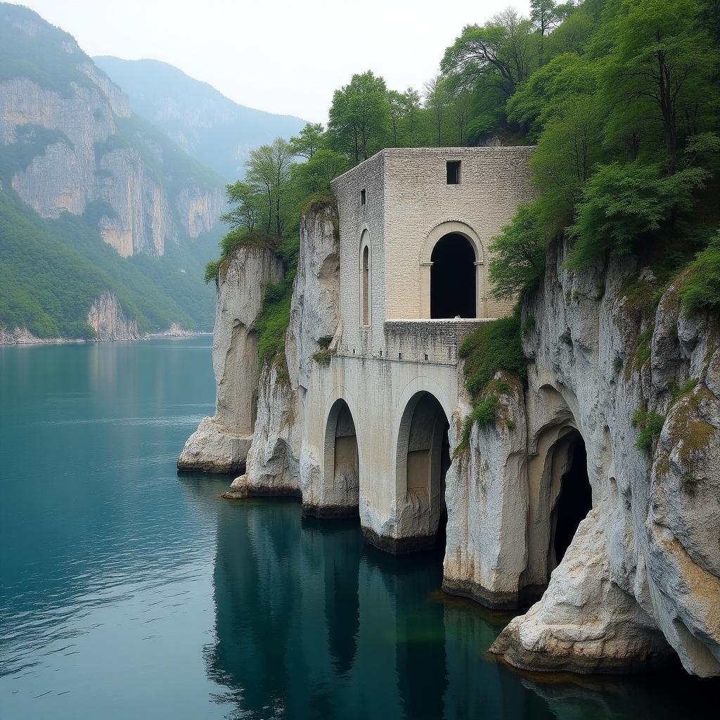 Basalt stone keep perched on a white limestone cliff. Overlooking a serene river surrounded by lush greenery. Tranquil water reflects the cliffs. Misty mountains in the background enhance the allure.