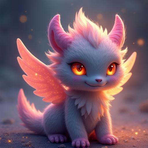 A cute monster with angel wings and glowing features. The character has gray purple fur with peach and light yellow accents. The creature's eyes shine brightly. The setting is soft and magical.