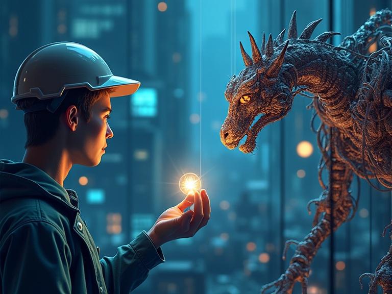 A person holds a glowing orb while facing a dragon figure. The setting is futuristic with a city skyline in the background. The dragon appears to be made from metal and wires. The scene evokes curiosity about creativity and technology.