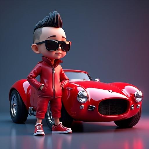 A stylized 3D animated character dressed in a red outfit confidently stands beside a red sports car. The image features a futuristic and cartoonish aesthetic with bold colors and high contrast textures. Dramatic lighting enhances the scene and a smooth gradient background complements the subjects. The character has a modern hairstyle and a confident pose, radiating coolness.