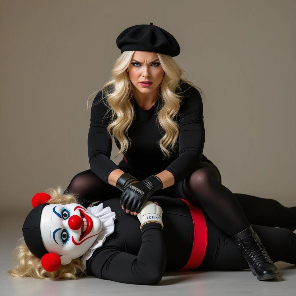 A blonde woman in a black outfit wrestles with a clown-like puppet. The woman is on top of the puppet who is lying down. The puppet appears concerned. The setting is a simple room with a black sofa. The woman's expression shows intense concentration as she strikes the puppet.