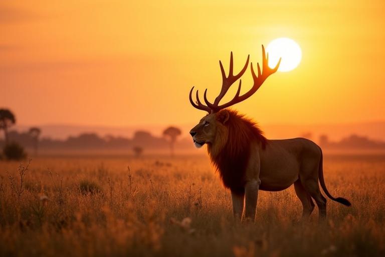 A majestic lion with antlers stands in a meadow. The setting sun casts warm colors. The scene is serene and beautiful.