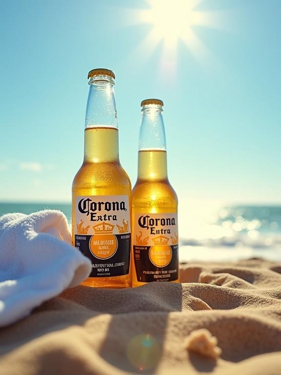 Two bottles of Corona Extra beer resting on sandy surface. White towel partially covering sandy area. Labels of bottles clearly visible. Background features gentle ocean waves and clear blue sky indicating beach atmosphere. Warm sunny day ambiance.
