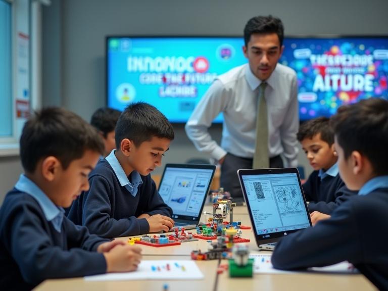 Scene depicts a bright modern classroom with Egyptian boys aged 5 to 8 in matching uniforms. They are learning programming and robotics using LEGO Mindstorms and laptops. A formally dressed teacher guides them. Interactive screens display motivational words. The atmosphere is creative and future-focused.