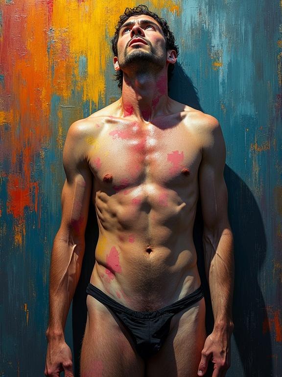 Nude man with painted body stands against a colorful textured wall. Emphasizes muscular physique and artistic expression. Neo-impressionism and expressionism elements present.