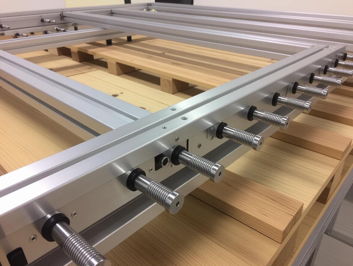 Detailed metal frame structure with various cylindrical fasteners and pins visible along the sides. Designed for assembly applications. Features a light wooden base beneath. Captured from a close perspective to highlight the frame details.