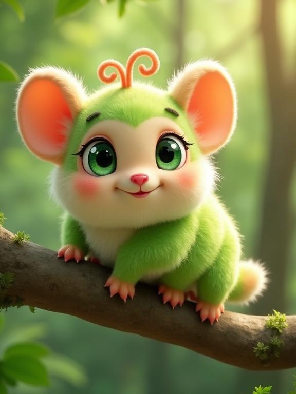 A cute animated creature resembles a mix of caterpillar and small mammal. It has a round peach-colored face and large green eyes. The body is vibrant green and fuzzy, like a caterpillar. There are curly orange antennae on its head. The creature is perched on a tree branch in a green forest.