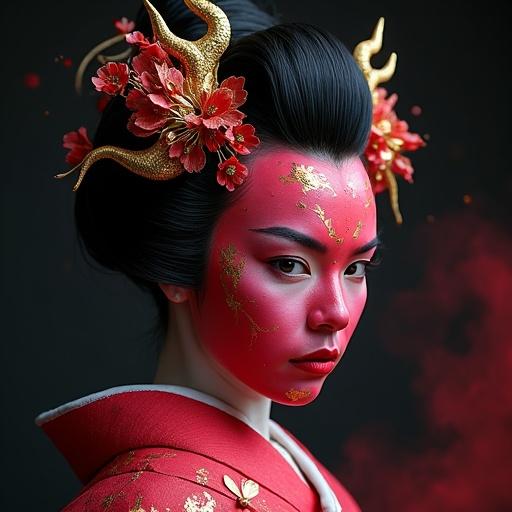 Ultra-realistic portrait of a mystical Japanese geisha woman with a red oni mask covering her face. One intense eye visible with pink ceremonial makeup. The mask features golden lacquer repairs in kintsugi style. Skin painted in vivid pink crayon strokes resembling war paint. Flowing black hair styled in avant-garde updo with golden dragon-shaped hairpins. Soft ritual light casts shadows, suggesting ancient secrets. Background is deep black with faint smoke and soft red bokeh.