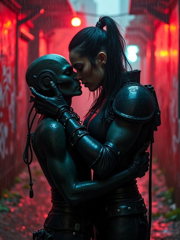 A fierce woman in battle armor cradles the face of a wounded alien in a dystopian cyberpunk alley. The scene is bathed in red and cyan neon lights. Graffiti and tech-junk surround them. Rain falls in the background. The lighting creates shadows and emotional intensity in a cinematic mood.