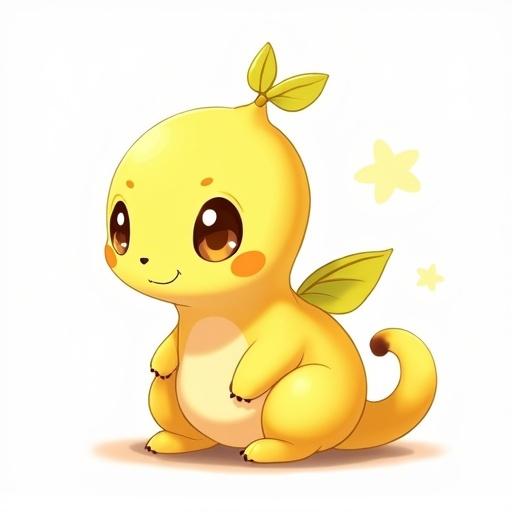 A small yellow creature with a glossy banana-like body and curved posture. The creature has a soft creamy underbelly and large playful eyes. Leafy appendages resemble a banana stem. The creature is in an idle pose with a transparent background and fully visible within the frame.