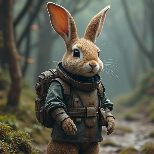 A rabbit character dressed in a space suit standing in a forest. The rabbit has large expressive eyes and a fluffy appearance. The background shows a misty forest with soft lighting.