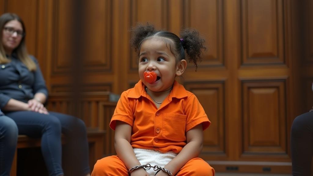 Young girl dressed in orange jumpsuit appears as a prisoner. She is sitting with handcuffs in a courtroom setting. A pacifier is in her mouth. Wooden panels surround her. She looks upset. Audience appears supportive of the judge. She is accompanied by other children with parents waiting for their judgment.