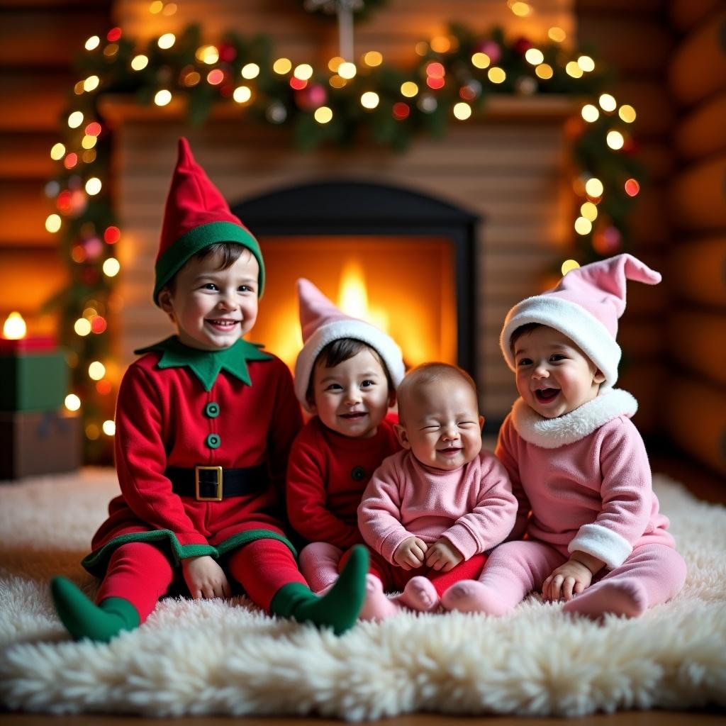 Elf children dressed in festive outfits sitting at home in a cozy environment. Twinkling Christmas lights and a fireplace enhance the holiday atmosphere.