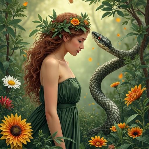 Eve in lush garden wearing leaf garment surrounded by colorful flowers. A serpent coils artistically near her. The scene captures nature's beauty and biblical symbolism.