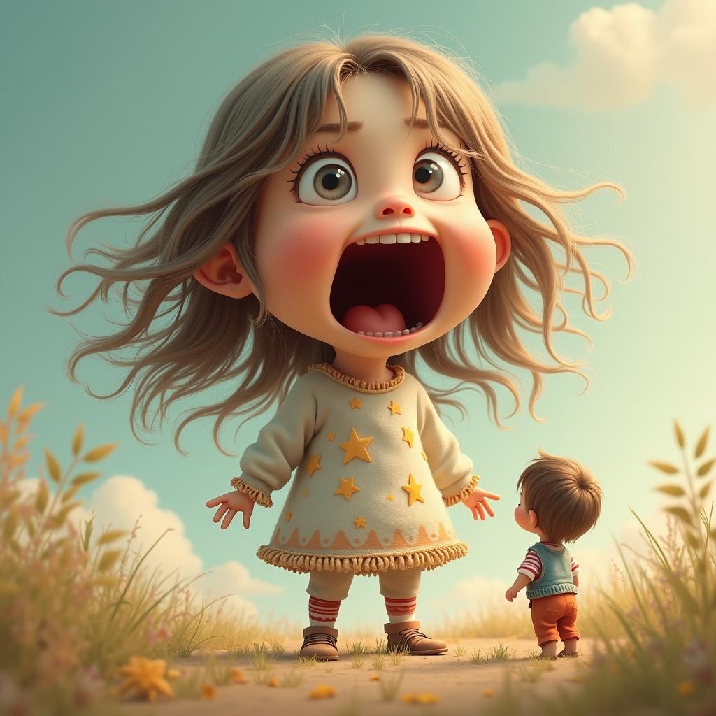 A tiny person stands in awe of a giant girl. The giantess is opening her mouth wide. The scene captures playful imagination. The atmosphere is friendly and whimsical, evoking wonder.