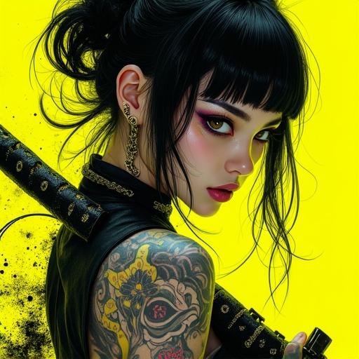 A gothic punk rebel female with black tattoos holding a katana. Neon yellow background. Close up shot. Anime art style. photo-realistic techniques with vibrant colors and textural quality.