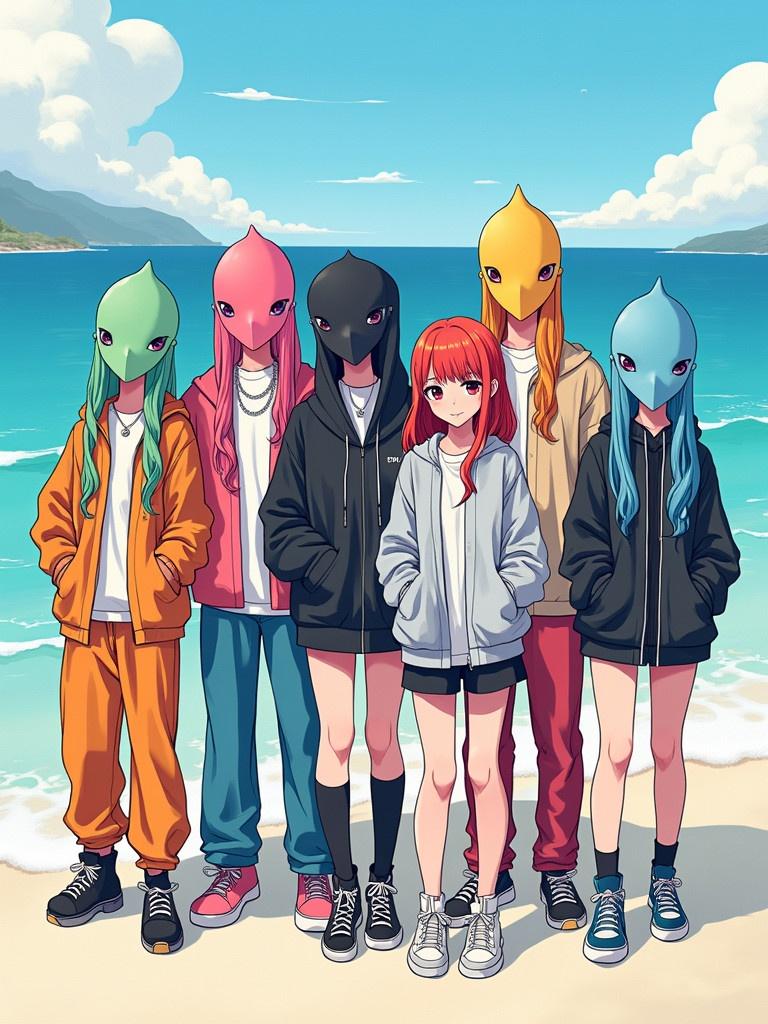 Illustration of six individuals resembling K-pop members. Each wears various colorful street outfits. The background features a bright beach and ocean. The focus highlights their unique attire and the group's dynamic atmosphere. Bright colors enhance the visual appeal.