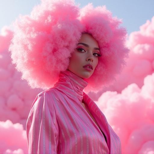 Model with oversized pink cotton candy hair in vibrant pink attire Futuristic avant-garde fashion. Setting features galactic theme with pastel clouds.