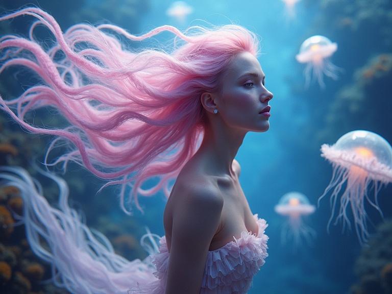 Enchanting figure with pink hair glides underwater among jellyfish. She embodies human elegance and oceanic life. Marine creatures surround her in tranquil paradise.