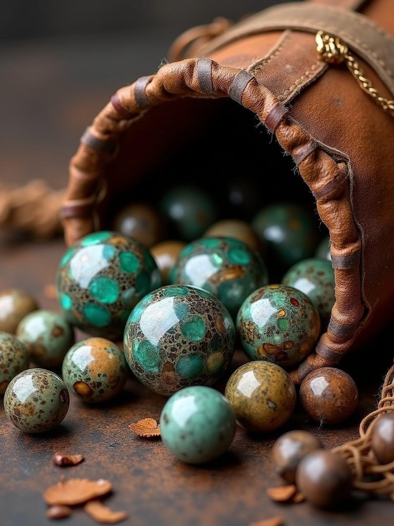 Detailed scene captures hyper-realistic marbles made from various abalone types. Marbles have thin stripe inlays of exotic wood. Marbles spill from a well-worn leather sack. Sack is made from scraps of different colored natural leather. The setting evokes the feel of 17th-century maritime treasure.