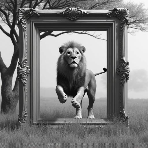 Black and white image. Lion jumps out of picture frame. Embossed African trees in background. Realistic 3D style. Lion appears larger than frame. Artistic representation.