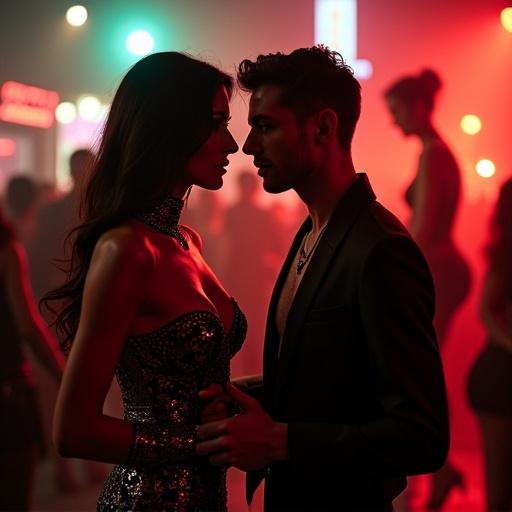 A luminous woman in a high-collared black satin dress performs in a dimly lit Red Light District. Her fingers trail her corset as she gazes at a captivated man. A rival dancer looms behind him, shadowy and silhouetted. The atmosphere is thick with desire and unease, illuminated by flickering neon lights.