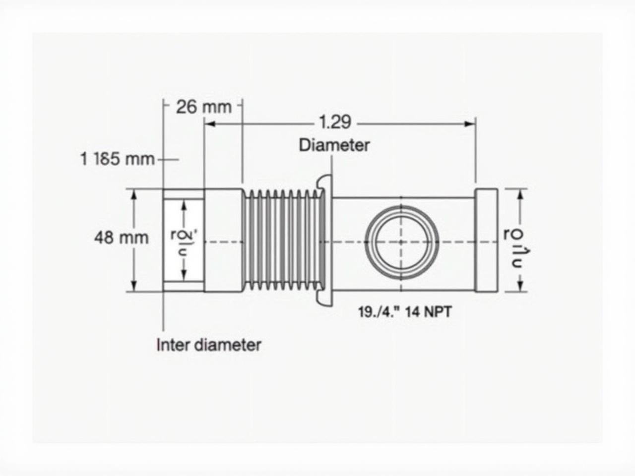 This image is a technical drawing showing a cylindrical stainless steel part. It features various measurements indicating its dimensions. The diameter at the top is 24 mm, while another part has a diameter of approximately 1.5875 mm. The drawing includes a thread specification of 1/2" 14 NPT and indicates the inner diameter as 18 mm. The total length of the part is noted as 200 mm. Clear annotations help in understanding the dimensions and specifications of the component.