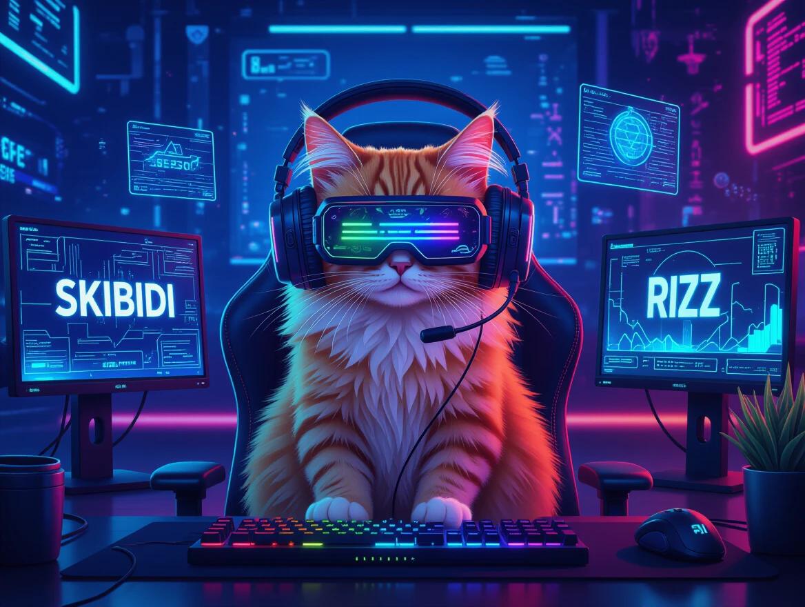 Fluffy orange tabby cat sits at high-tech gaming desk. Cat wears oversized gaming headphones and LED glasses. Multiple holographic screens display text 'SKIBIDI' and 'RIZZ'. Colorful RGB lighting enhances the futuristic vibe.
